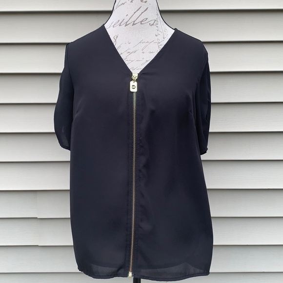 MICHAEL MICHAEL KORS Black Short Sleeve Zip-Up Top - Picture 2 of 12